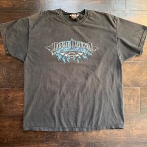 Harley Davidson Blue Flame Flames Black Tee Shirt Size 2XL Faded Y2K